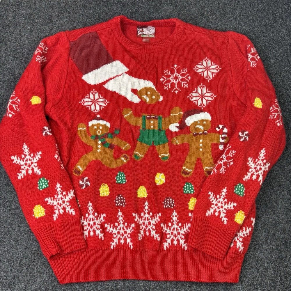 Party Sweater Dec 25th Christmas Sweater Mens L Gingerbread Ugly Holiday Red